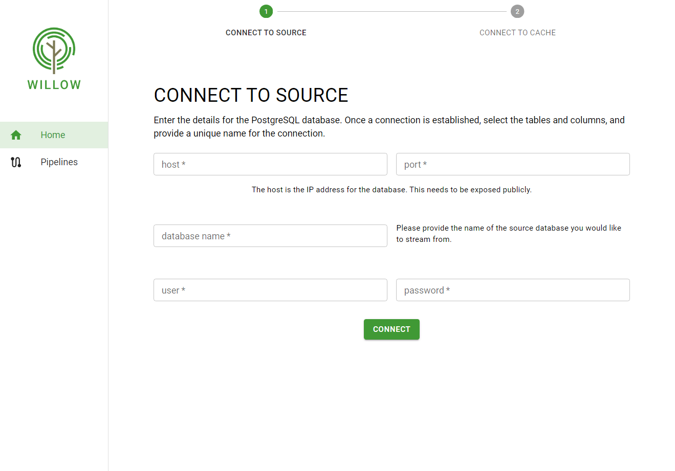 Willow's form for connecting to a source database.