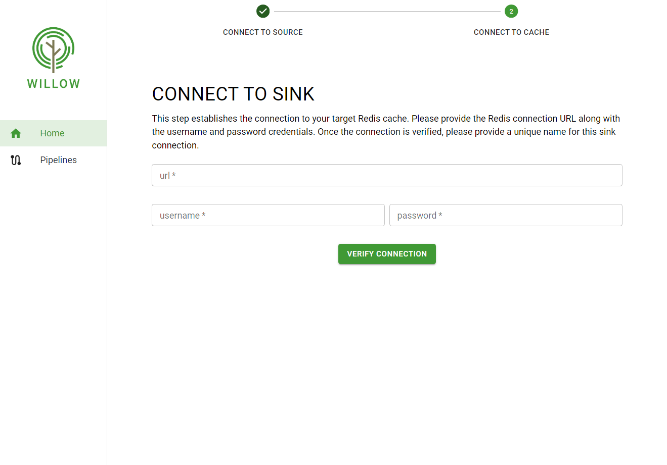 Willow's form for selecting which data should be replicated from the source database.