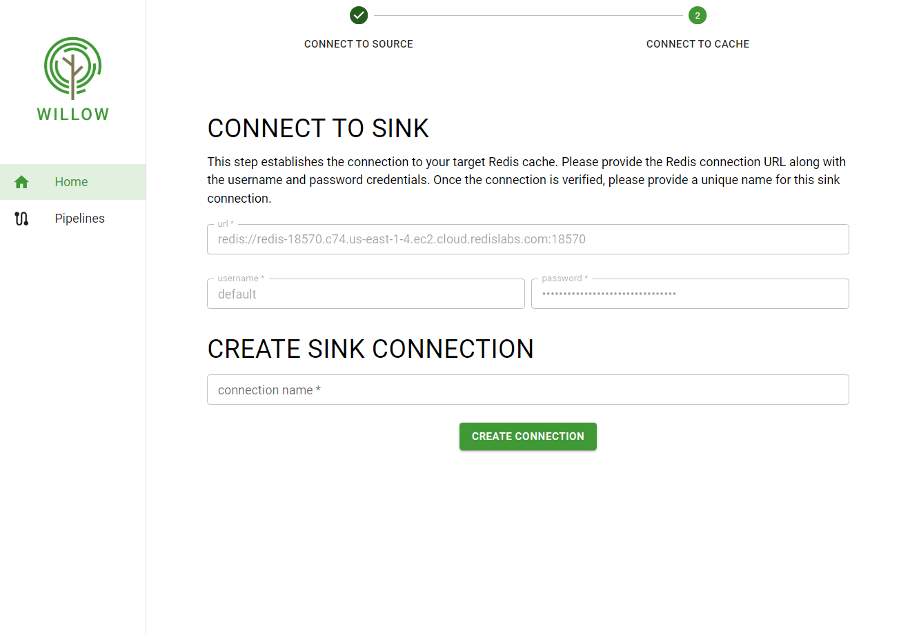 Willow's form for selecting which data should be replicated from the source database.